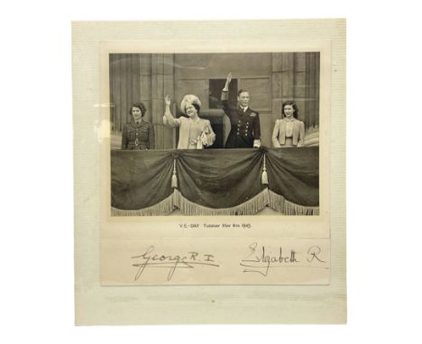 King George VI and Queen Elizabeth - the photograph and signatures only from a 1945 Christmas card depicting The Royal Family