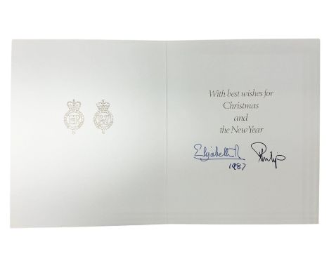 H.M. Queen Elizabeth II and HRH the Duke of Edinburgh - 1987 Christmas card with printed photographic front of a Royal Family