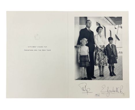HM Queen Elizabeth II and HRH The Duke of Edinburgh - signed 1956 Christmas card with gilt embossed crown to cover, black and