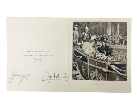 King George VI and Queen Elizabeth - signed 1949 Christmas card with gilt embossed crown to cover, black and white photograph