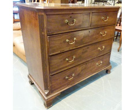 Georgian mahogany chest of two short over three long drawers with brass drop handles on bracket feet, 117 x 57 x 107 cm 