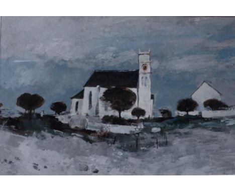 GORDON WYLLIE
Scottish Church
Signed and dated 69, acrylic,  44cm x 66cm
 CONDITION REPORT: Coll. No. 0108
Generally good con