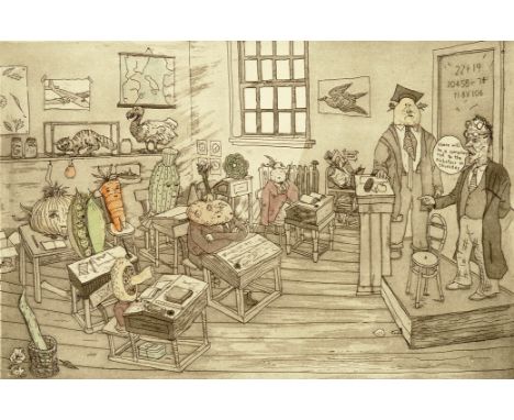 CHRIS ORR
Vegetables go to school
Signed and dated 1983, coloured etching, 22cm x 34cm CONDITION REPORT: Coll. No. 0399