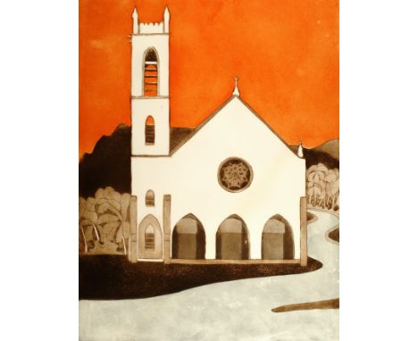 JOHN BRUNSDON (1933-2014)
Church
Signed, etching, 26cm x 47cm CONDITION REPORT: Coll. No. 0485
Good condition