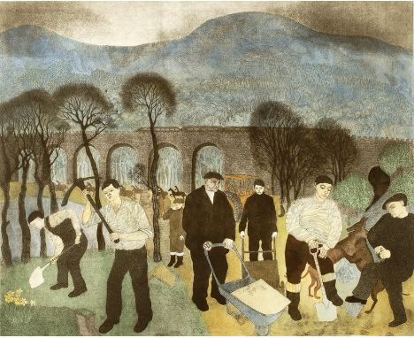 MICHAEL MCVEIGH
Workmen
Signed, coloured etching 14/30, 46cm x 57cm CONDITION REPORT: Coll. No. 0462