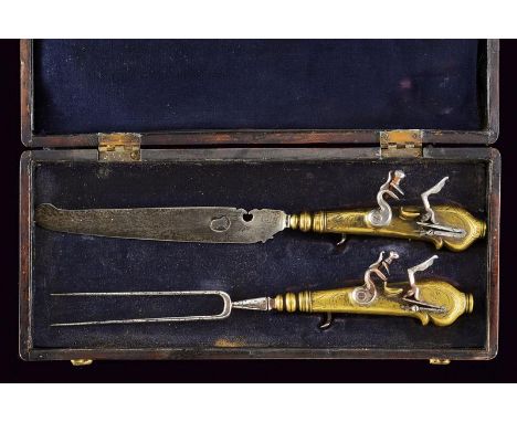dating: 19th Century provenance: Germany, Knife and fork with iron prongs and blade (the blade with oval stamp), brass grips 