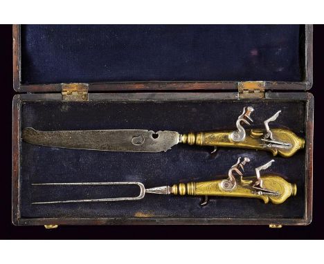 dating: 19th Century provenance: Germany, Knife and fork with iron prongs and blade (the blade with oval stamp), brass grips 