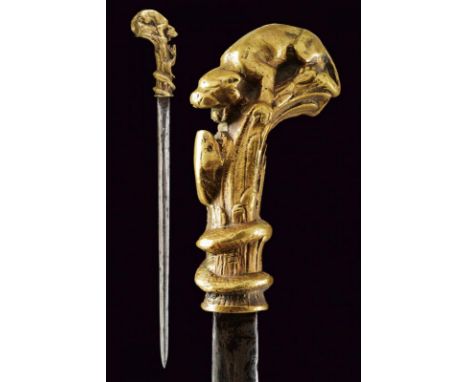 dating: 19th Century provenance: Europe, Straight, double-edged blade, cleaned. Brass grip with a fine, in-the-round carving 