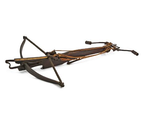dating: 17th/18th Century provenance: Flanders, Heavy, wooden tiller with iron mounts. Nut and arrow's flight groove made of 