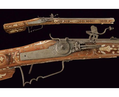 dating: 17th/19th Century provenance: Germany, Rifled, octagonal, 17 mm cal. barrel with rear sight and foresight, lateral ma