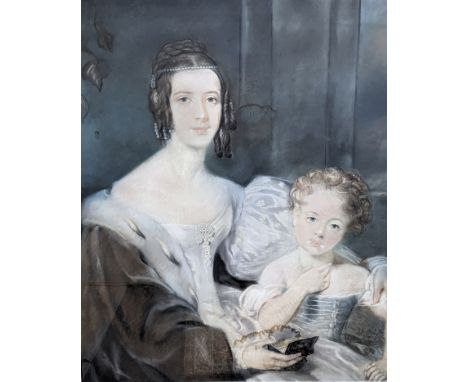 Mid 19th century English School, pastel, Portrait of mother and daughter, 90 x 70cm