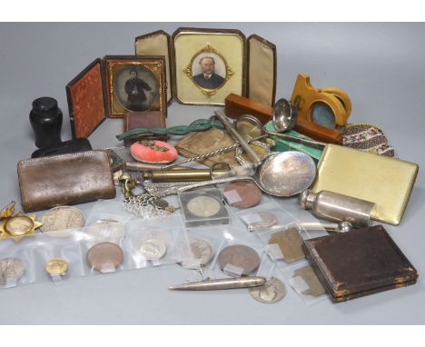 A box of objects of vertu, portrait miniature, coins and medals