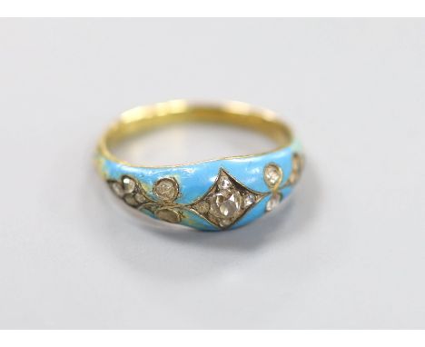 A late Victorian yellow metal, enamel and rose cut diamond set dress ring(a.f.), size L/M, gross weight 4.9 grams.