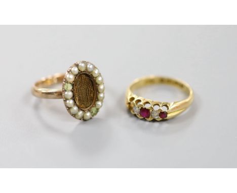 A Victorian 15ct gold, ruby and diamond set half hoop ring (stone missing), size M, gross 3.5 grams and a 19th century yellow
