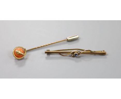 A gilt metal stick pin set with yellow metal serpent entwined coral bead, 60mm and a 9ct, sapphire and seed pearl set bar bro