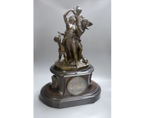 A large 19th century bronze and marble figural mantle clock, Gautier editeur foundry mark 64cm. Key and pendulum