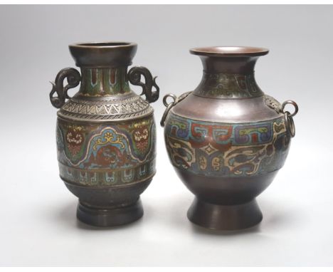 Two early 20th century Japanese champleve enamel and bronze vases 24cm