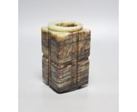 A Chinese pale celadon and black jade cong, H. 14cm