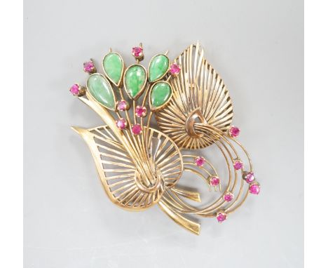 A yellow metal, jade and gem set floral spray brooch, 53mm, gross weight 13.9 grams.