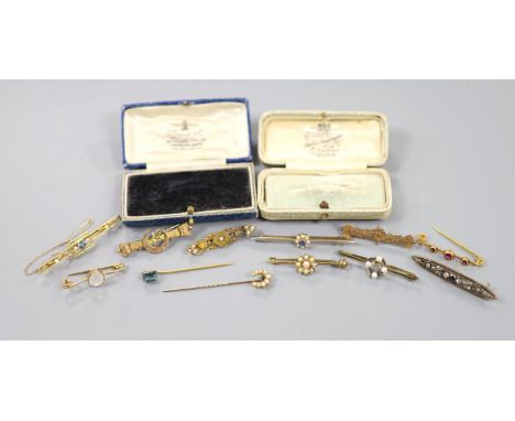 Two Edwardian 15ct and gem set bar brooches, including sapphire and seed pearl, gross 7.4 grams, three 9ct and gem set bar br