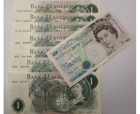 Six Page O'Brien and Smallman one pound notes and a Lowther five pound note in good condition. P&amp;P Group 1 (£14+VAT for t