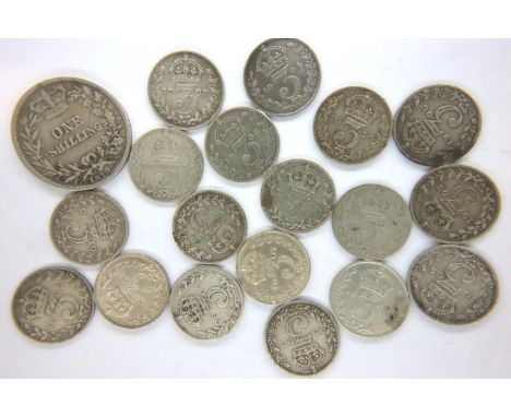 Collection of Edward VII threepences and an 1879 shilling of Queen Victoria. P&amp;P Group 1 (£14+VAT for the first lot and £