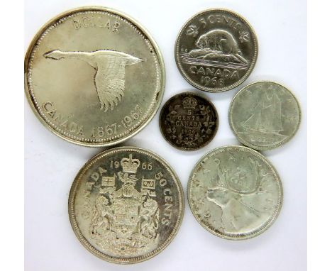 Six Canadian silver coins, 1906 and later. P&amp;P Group 1 (£14+VAT for the first lot and £1+VAT for subsequent lots) 