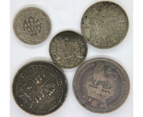 1826 shilling of George IV, 1887 shilling of Queen Victoria, 1877 two Annas (India) and two coins of George V (5). P&amp;P Gr