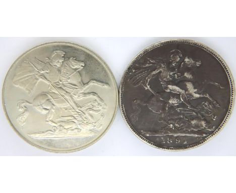 1891 crown of Queen Victoria and a silver restrike Gothic crown of Queen Victoria. P&amp;P Group 1 (£14+VAT for the first lot