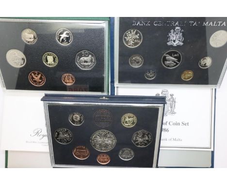 Three proof coin sets; Falkland 1987, Malta 1986 and Guernsey 1986. P&amp;P Group 1 (£14+VAT for the first lot and £1+VAT for