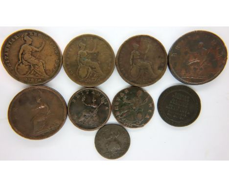 Four early milled copper pennies of Victoria, William, George III, George IV; a 1812 Salamanca Duke of Wellington halfpenny t