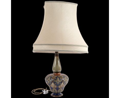 A Royal Doulton Art Nouveau stoneware tube-lined vase converted to a table lamp, H40cm, with shade 