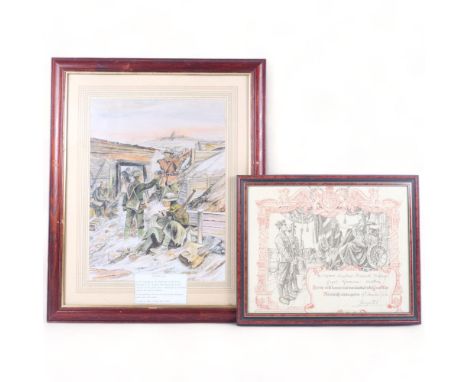 A First World War certificate awarded to 293703 Corporal Frederick Billinge, and a First World War trench picture, framed, H5