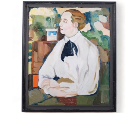 Clive Fredriksson, impressionist style oil on board, lady wearing a white blouse, in painted wood frame, 59cm x 50cm overall 