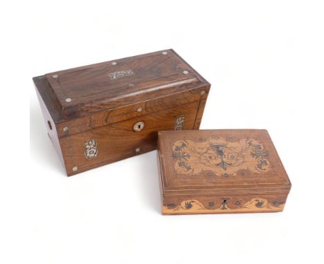 A Regency rosewood tea caddy of sarcophagus form (mixing bowl and 1 lidded canister missing), W31cm, and a Sorrento Ware oliv