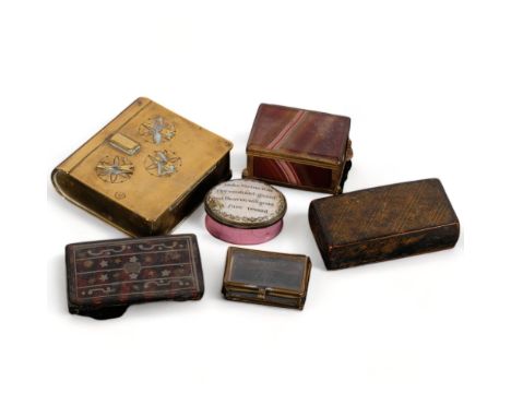 A group of various boxes, including Georgian Bilston enamel patch box "Make virtue fill thy confiant guard and heaven will gr