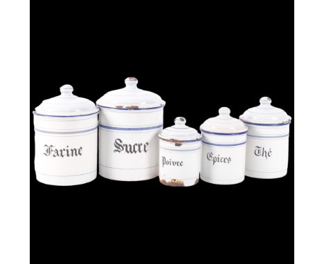 A group of 5 Vintage French enamel kitchen storage jars, tallest Sucre, 18cm 