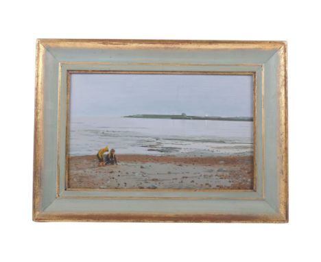 Gillian M Furlong, oil on board, children playing Dorset coast, in painted wood frame, 23.5cm x 33cm 