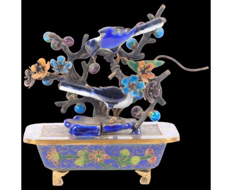 Oriental gilt-metal and enamel study of birds and blossom, mounted on cloisonne floral decorated stand on 4 feet, H8cm overal