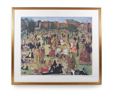 Sue McCartney Snape, limited edition print, crowds at Glyndebourne, 599/750, framed, 64cm x 76cm overall 