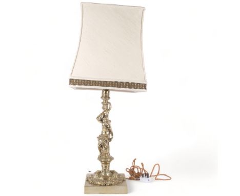 A gilt-brass table lamp with Classical figure support on square plinth, with shade, height overall 76cm 