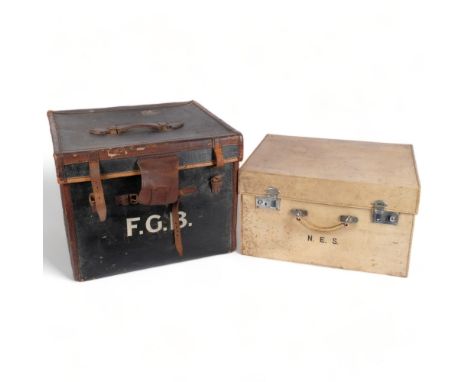 A Vintage black canvas cube suitcase, with leather trim and straps, stamped Brown, Muff & Co Ltd, Bradford, with initials F.G