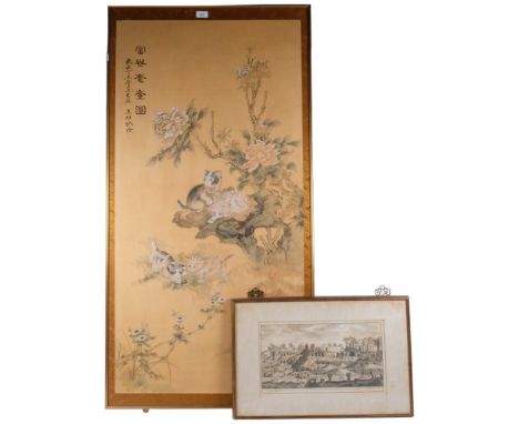 A large Oriental painted panel depicting kittens and blossom, framed, 130cm x 67cm, a similar smaller picture, a painting of 