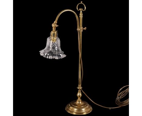 A brass telescopic student's desk lamp, with frilled glass shade, height not extended 60cm 
