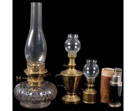 An oil lamp with cut-glass font, 40cm, brass pigeon lamp and another, and a diffuser 