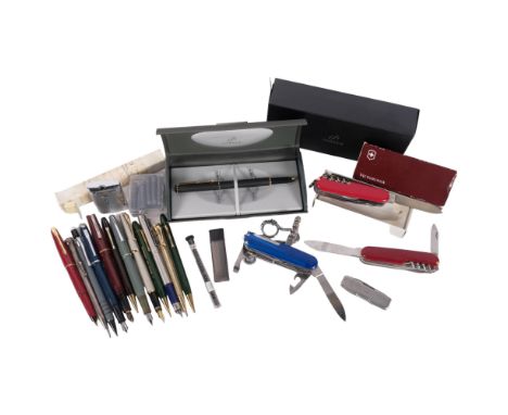 A group of various pens, including a Parker Rialto pen, boxed, Eversharp silver plated, 3 penknives etc 