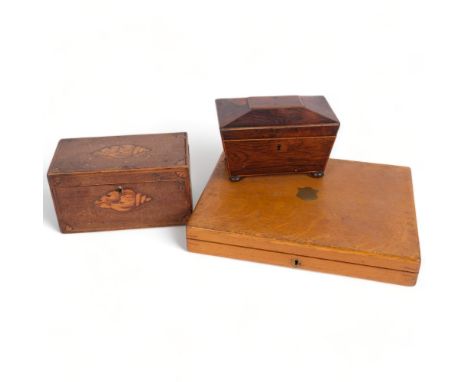 A Regency rosewood tea caddy of sarcophagus form (no interior), W19cm, a 19th century mahogany and shell marquetry decorated 
