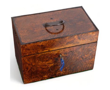 A 19th century amboyna tea caddy, lid having swing handle and applied decoration, fitted with a glass mixing bowl and glass j