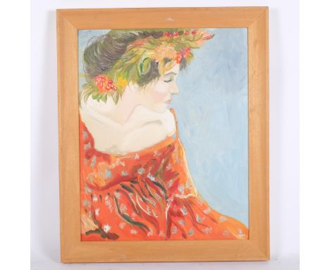 Clive Fredriksson, oil on board, portrait of a young girl with a garland of flowers in her hair, 58cm x 48cm overall, framed 
