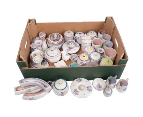 A boxful of Poole Pottery jam pots, candlesticks, floret vases etc 